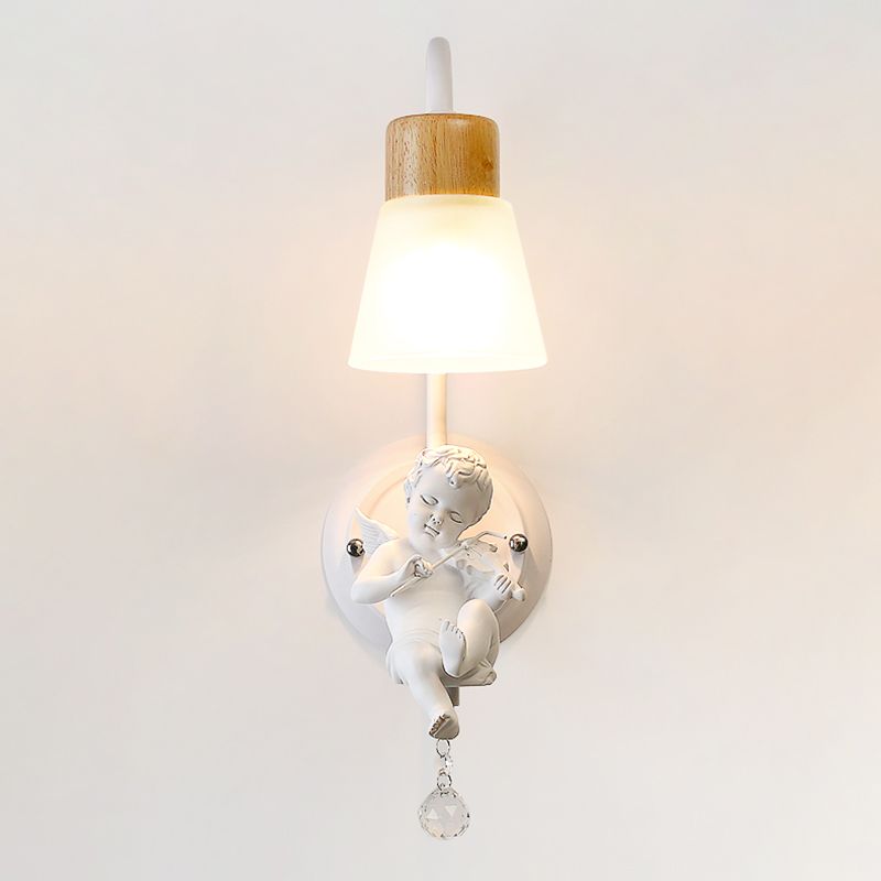 Modern Kids Wood Wall Sconce Geometric Shape Metal Wall Light with Glass Shade for Bedroom