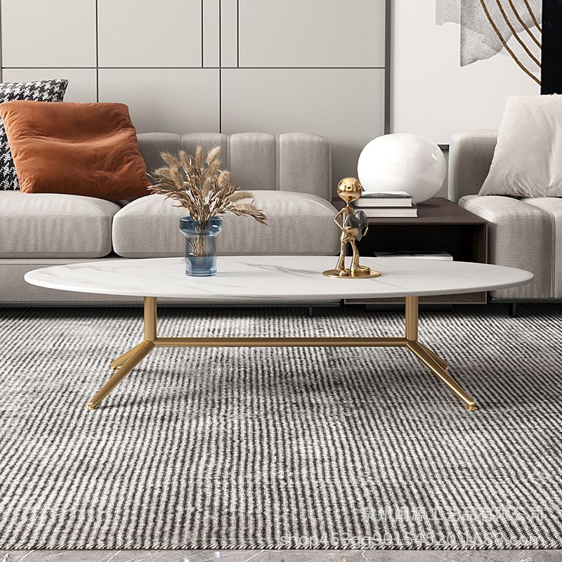 Glam Style Coffee Table with Oval Stone Top and Steel Trestle Base
