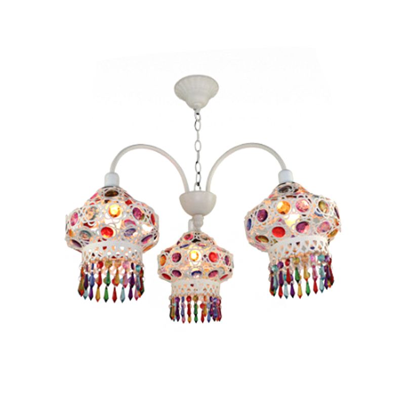 3-Head Beaded Lantern Chandelier Turkish White/Red Acrylic Hollowed-out Hanging Ceiling Light for Dining Room