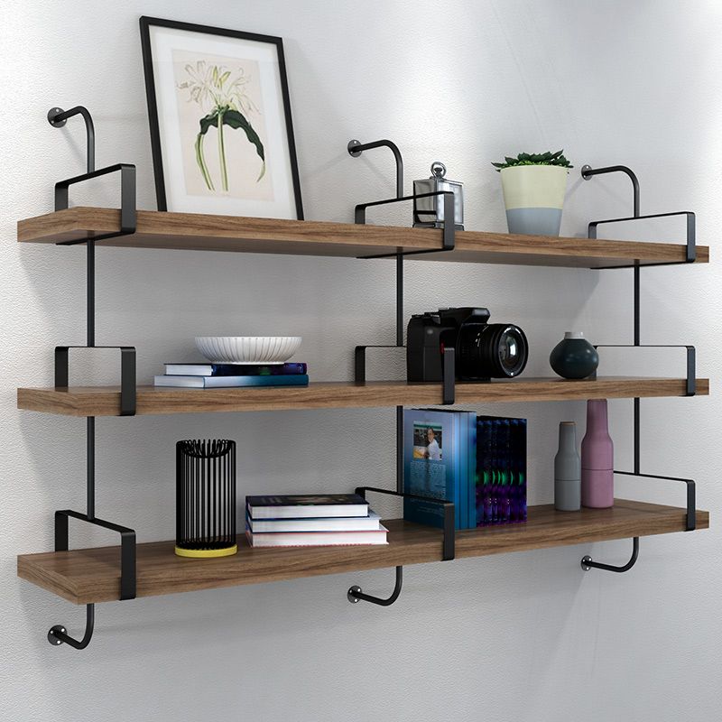 Contemporary Pine Solid Wood Bookcase Wall Mounted Metal Frame Closed Back Bookshelf