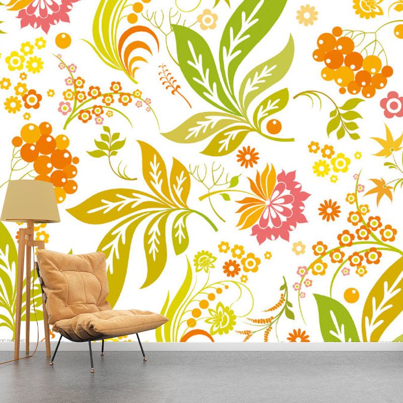 Flower and Leaf Wallpaper Murals Yellow-Green Contemporary Wall Art for Girls Room