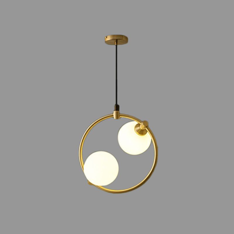 Simple Style Ball Pendant Chandelier Opal Glass 2-Bulb Dining Room Ceiling Light with Ring Deco in Gold
