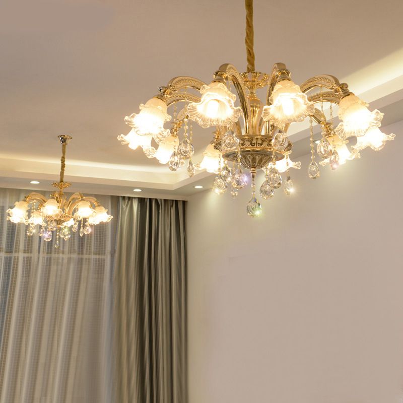 Ruffled Bell Textured Glass Chandelier Light Retro Living Room Hanging Light with Hanging Crystal in Gold