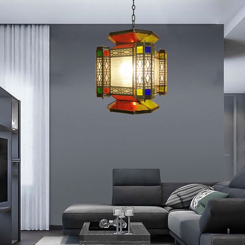 Vintage Lantern Chandelier Lighting 3 Lights Textured Glass Pendant Light Fixture in Brass