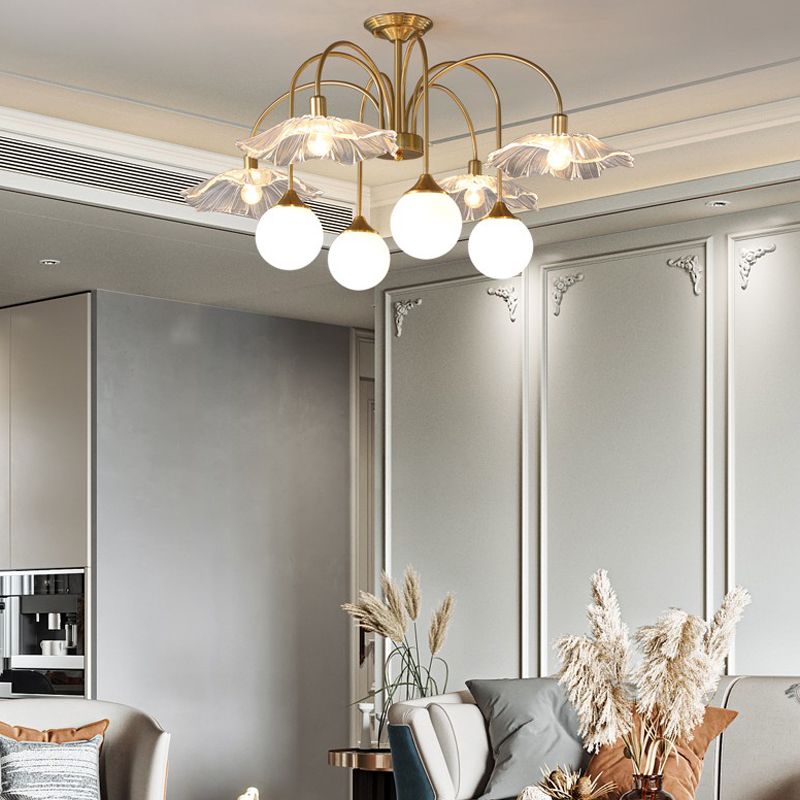 Metal Semi Flush Lamp Traditional Multi-Head Bedroom Ceiling Lighting with Glass Shade