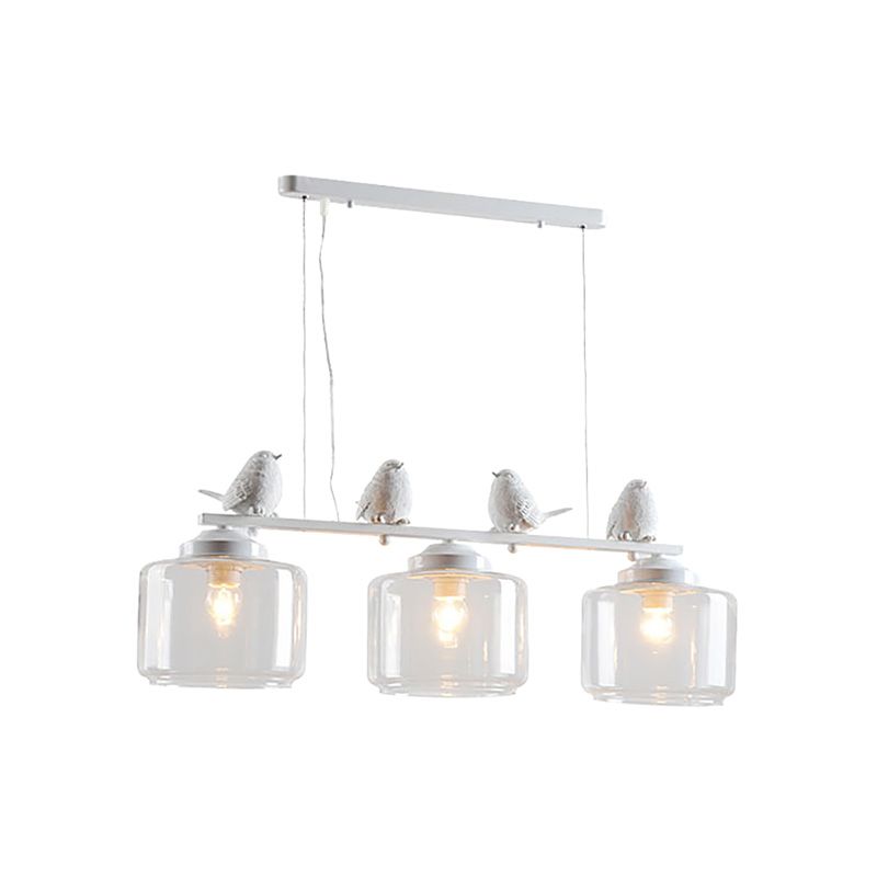 Clear Glass White Island Pendant Barrel 3 Lights Traditional Hanging Light Kit for Dining Room with Birds