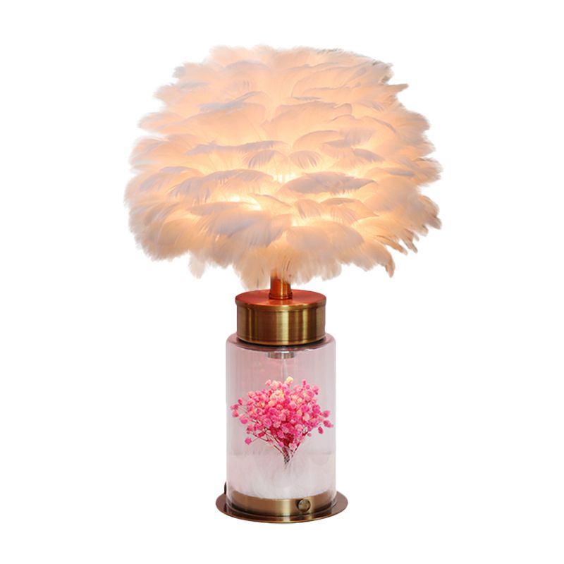 Lampe d'étude du globe de plumes nordique 1 Bureau de bureau avec base de bouteille et décoration de fleurs intérieures en gris / blanc / rose