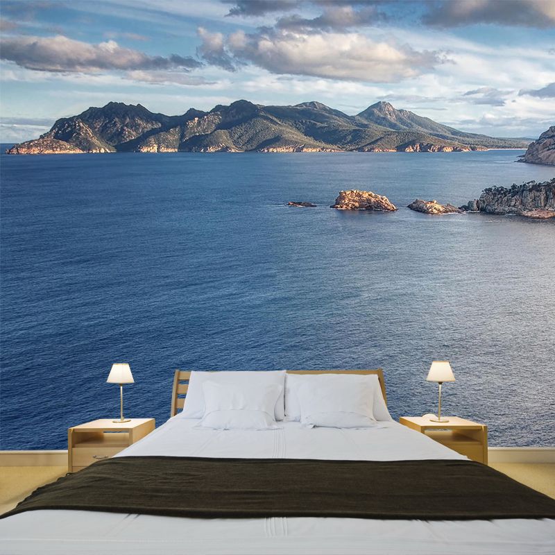 Nordic Ocean Mountains Mural Wallpaper Blue Stain-Resistant Wall Art for Living Room