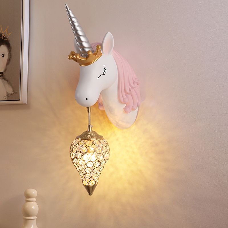Resin Unicorn Wall Light Cartoon Single-Bulb Wall Lighting Fixture with Crystal Shade