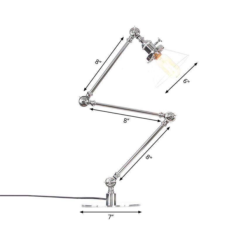 Table conique de style industriel clair Ambre / verre transparent et métal 1 lampe de table de chambre à coucher légère avec bras réglable en noir / laiton
