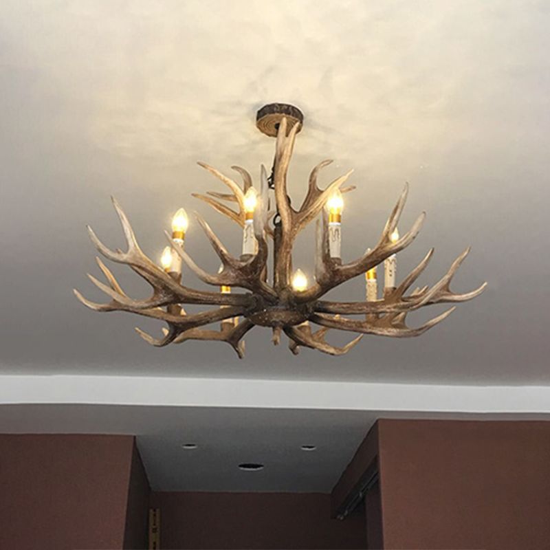 Fake Antler Chandelier Lighting Rustic Brown Resin Ceiling Light with Candle Design