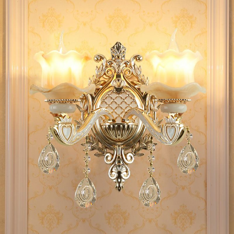 Jade Wall Mount Light Traditional Beige Flower Corridor Wall Sconce with Crystal Drop
