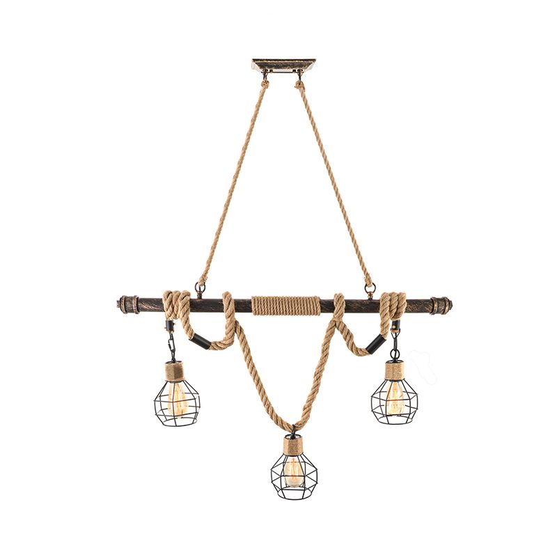 3 Iluminación de la isla Head Island Vintage Globe Cage Metal and Rope Luz colgante en beige para el comedor