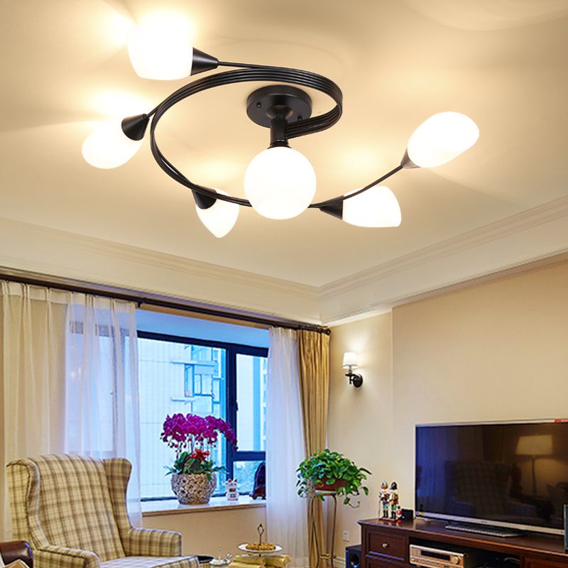 Glass Black Semi Flush Mount in Modern Style Iron Geometric Ceiling Light for Living Room