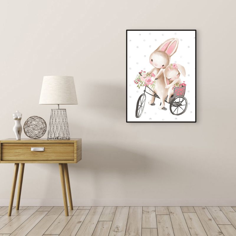 Personified Bunny Canvas Children's Art Animal Painting in Light Color for Bedroom