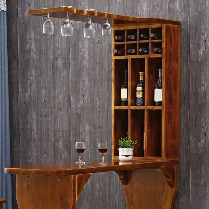 Brown Pine Wood Bistro Table with Wine Holder Pub Table for Bar