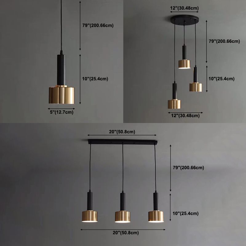 Luce a sospensione in cilindroide nera e oro in ferro battuto in ferro di lusso moderno