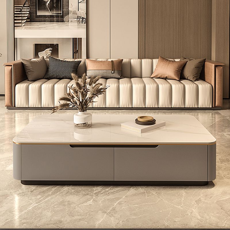 Iron Pedestal Base Coffee Table with Storage Drawers and Slate Top
