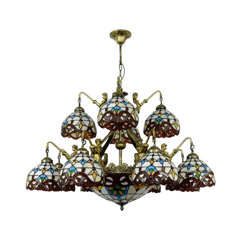 Brown 15 Lights Chandelier Lighting Tiffany Cut Glass Dome Pendant Lamp for Living Room with Mermaid Design