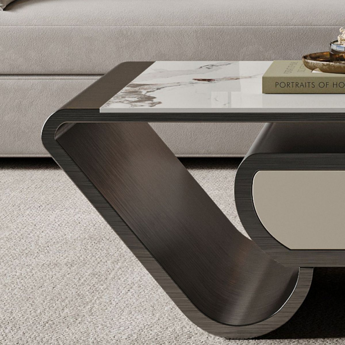 Slate Abstract Coffee Table Glam Rectangular Cocktail Table with Storage Drawer