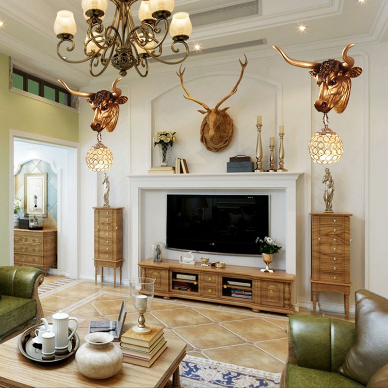 1 Light Globe Wall Lamp Country Gold Resin Sconce Lightture pour le salon avec Crystal Shade