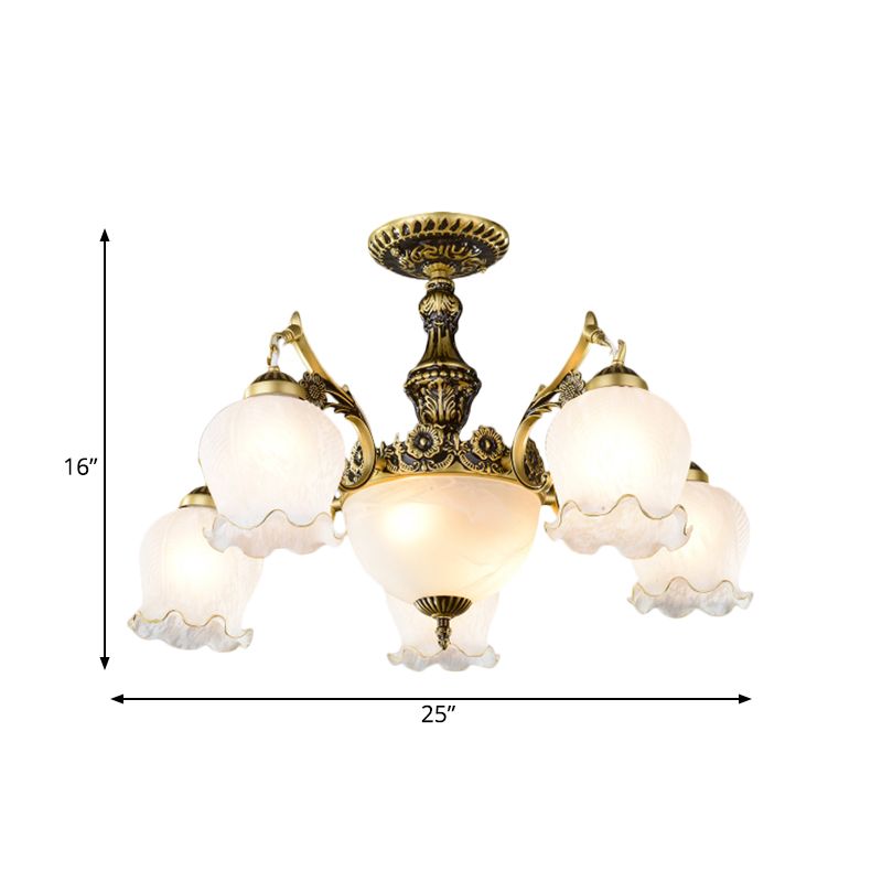 Bronze Finish Floral-Shape Semi Mount Lighting Warehouse White Glass 7/9/11-Light Living Room Ceiling Flush