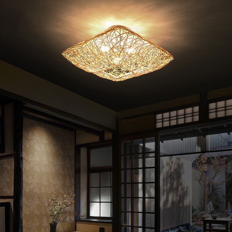 Quadratform Deckenlampe Asiatischer Bambus 3 Lichter Flush Mount für Esszimmer