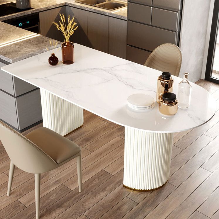 Sintered Stone White Dining Table Simplicity Double Pedestal Table for Dining Room