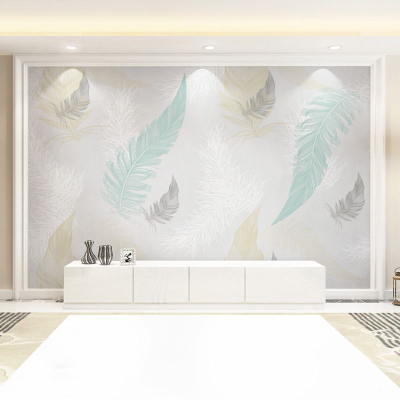 Full Size Feather Wall Art in Grey and Blue Non-Woven Fabric Mural Wallpaper for Home Decoration, Made to Measure