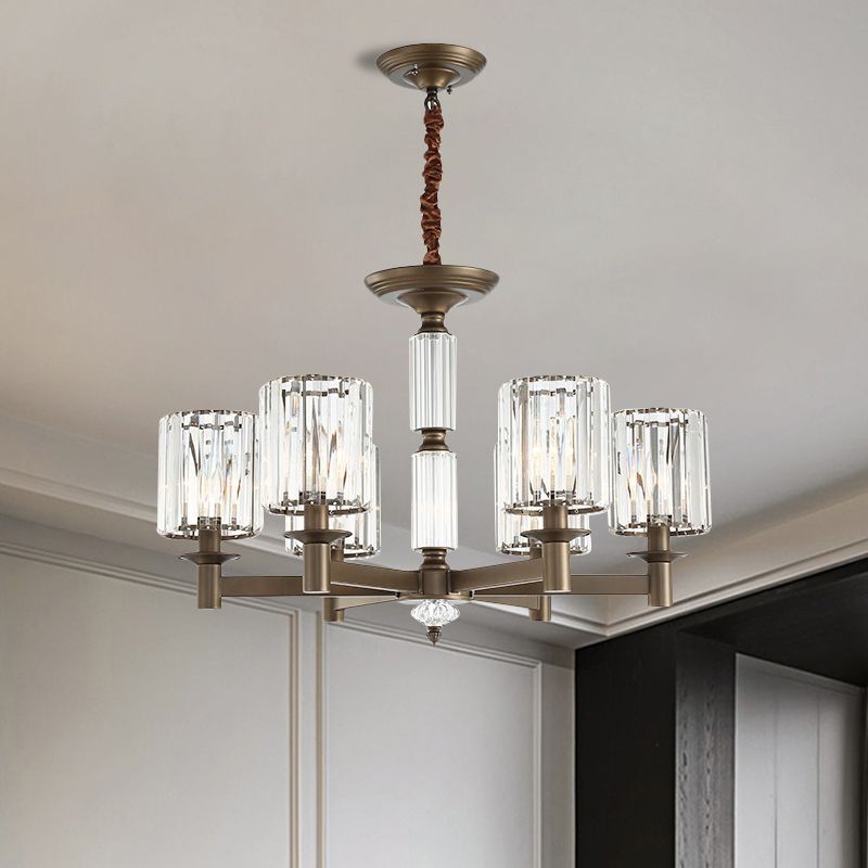 Traditional Cylindrical Pendant Light Fixture 6 Heads Crystal Hanging Chandelier in Brass