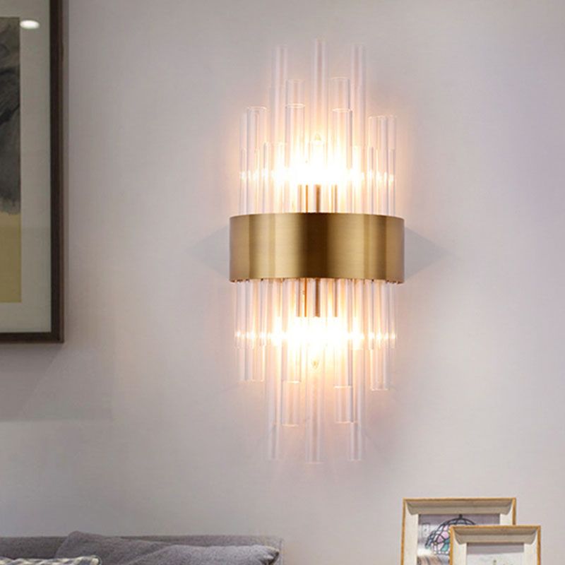 2 Heads Bedroom Wall Mount Light Postmodern Gold Sconce Light with Cylinder Fluted Crystal Shade