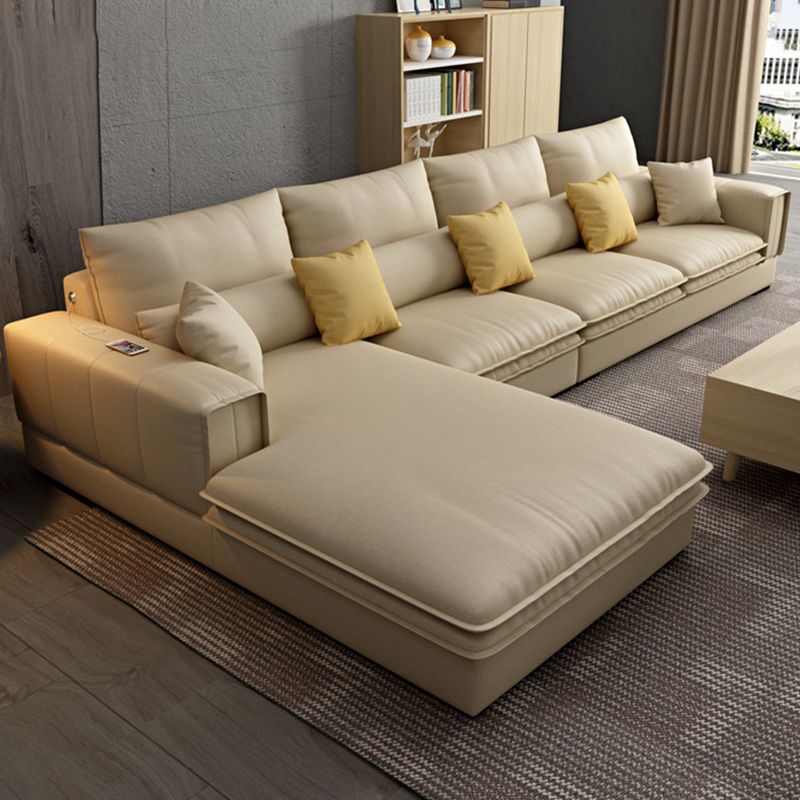 Contemporary Stationary Faux Leather Recessed Arm Pillows Sofa Chaise