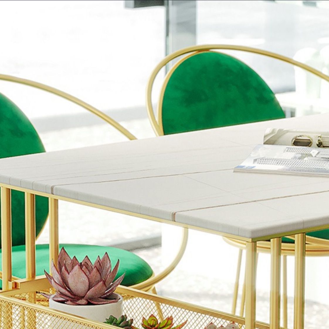 Traditional Luxury Dining Table Metal Double Gold Pedestal Table with Storage