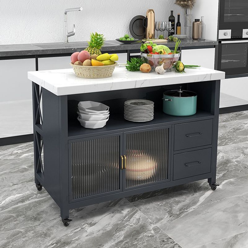 Faux Marble Rectangle Kitchen Cart with Metal Base and Wheels