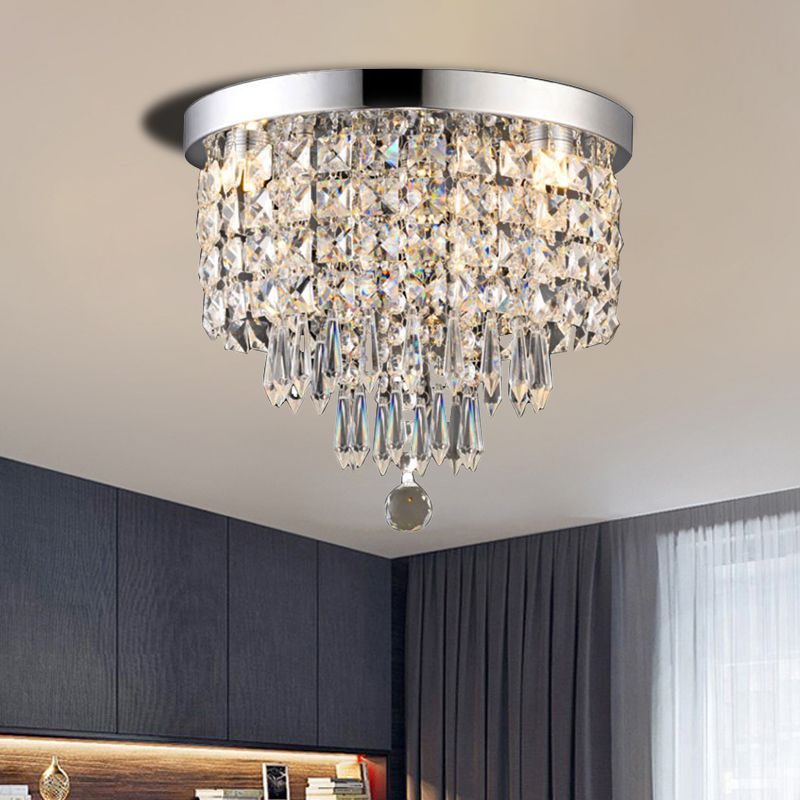 Drum Layered Flush Mount Light Crystal Glam Ceiling Light Fixture in Chrome