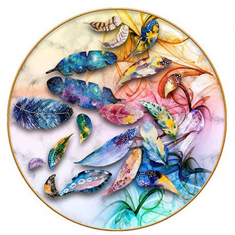 Round Multicolor Modern Area Rug Polyester Feather Print Rug Easy Care Indoor Rug for Living Room