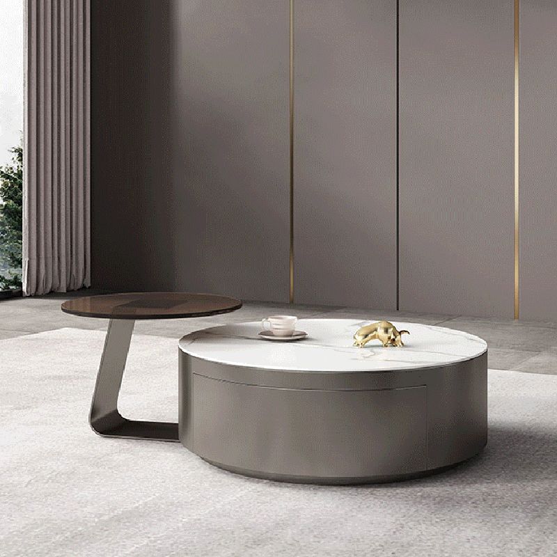 Glam Drum Coffee or End Table with Storage Drawers Slate Top