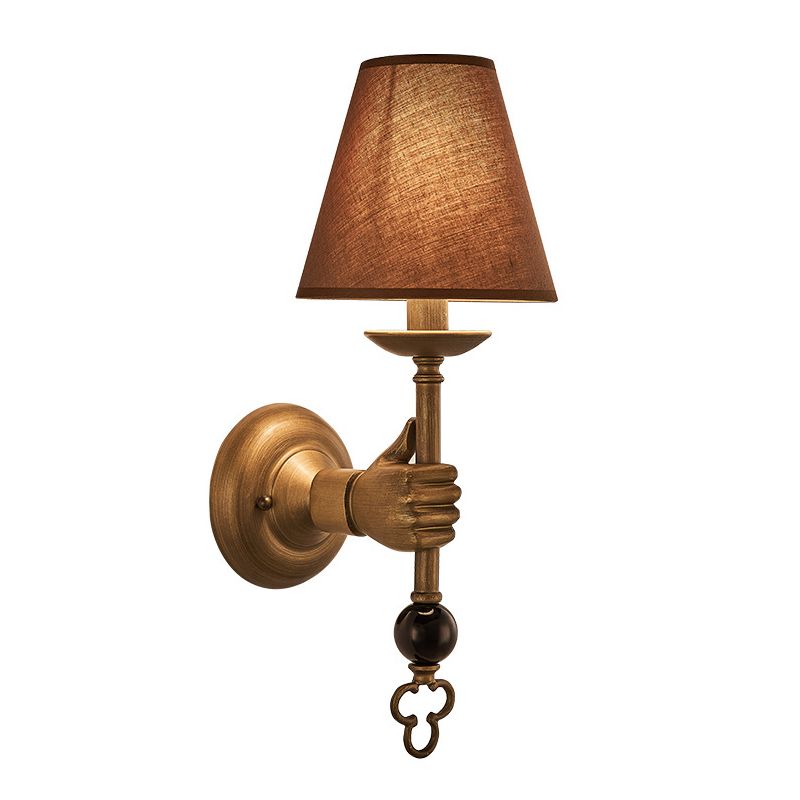 Cone Metal Wall Light Vintage 1 Bulb Bedroom Sconce Lighting Fixture in Brass with Fabric Shade