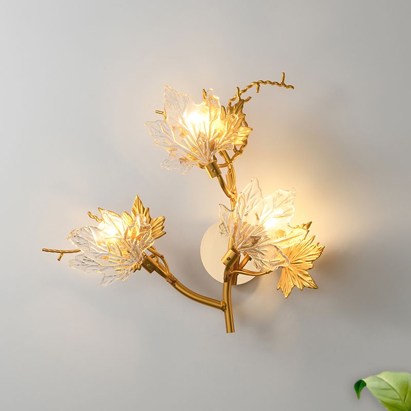 Colonialist Maple Leaf Wall Lamp 3-Light Clear Textured Glass Sconce Wall Lighting in Gold for Bedroom