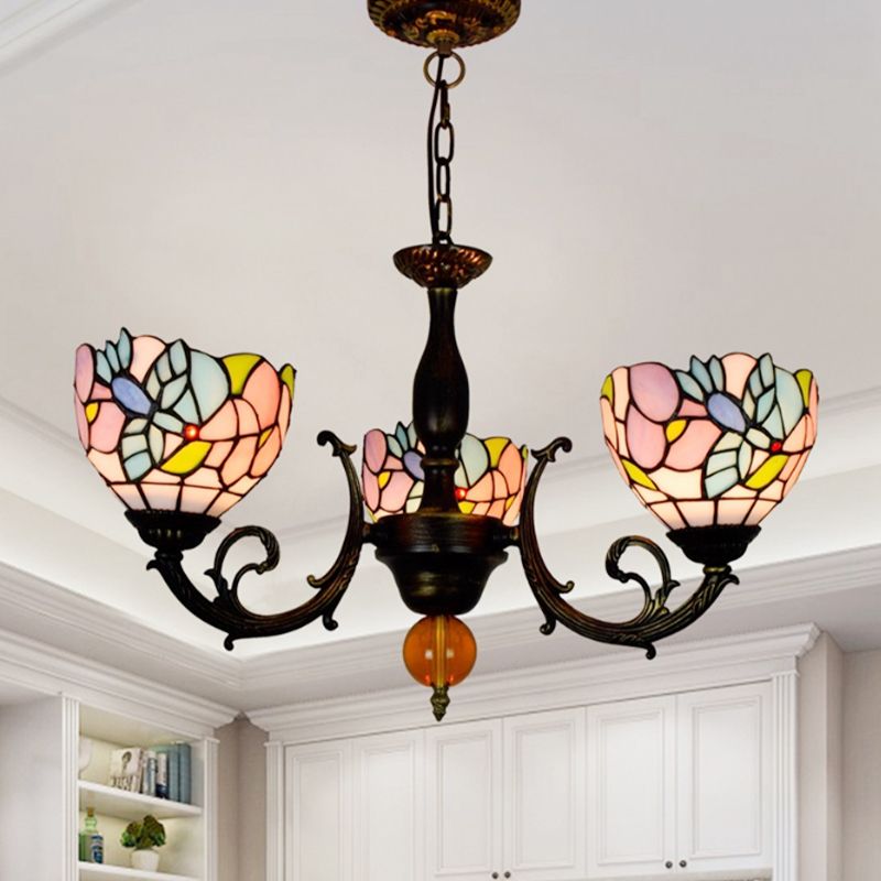 Lodge Bowl Chandelier Stained Glass 3 Lights Inverted Chandelier with Flower Pattern for Dining Room