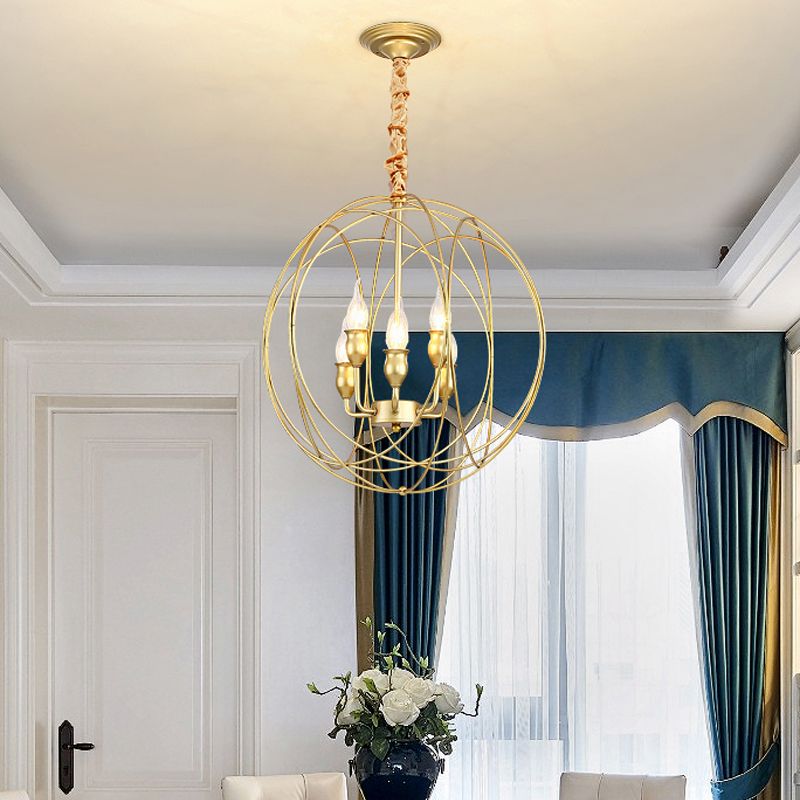 Metal Candle Style Ceiling Pendant Country 4/6 Lights Dining Room Chandelier Lighting in Black/Gold