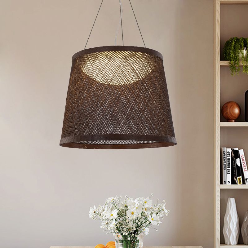 Grass Vine Drum Shape Hanging Light Minimalist 1 Head Pendant Ceiling Lamp in Black over Dining Table