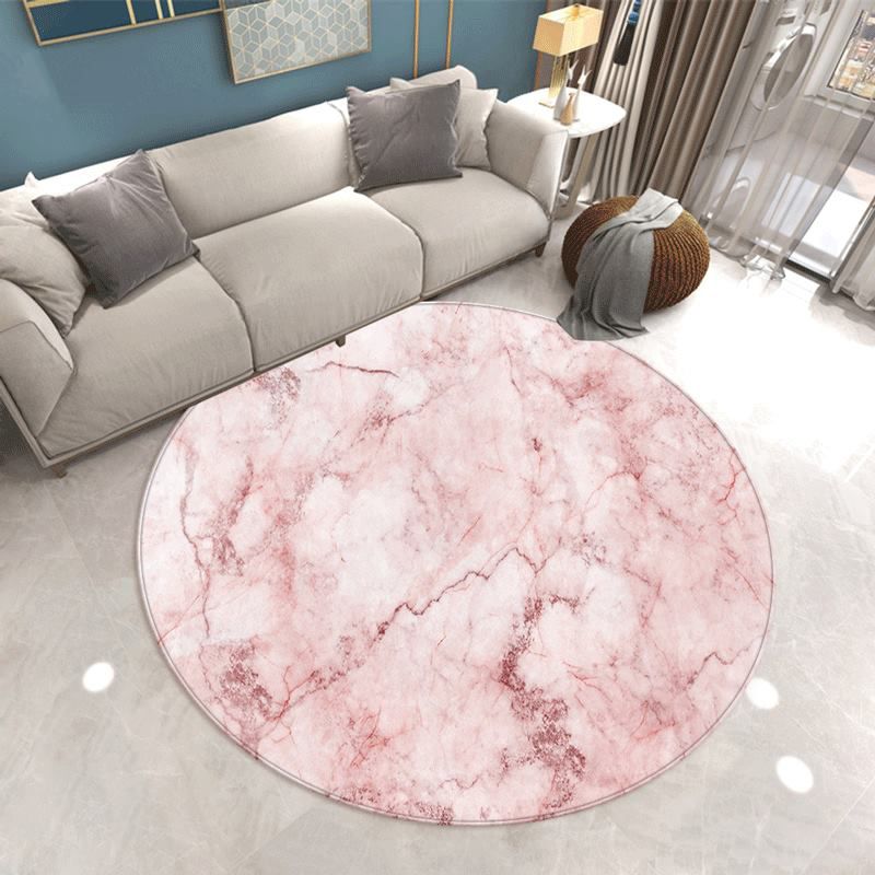 Round Gorgeous Carpet Simple Marble Print Indoor Rug Polyester Stain Resistant Carpet for Home Decor