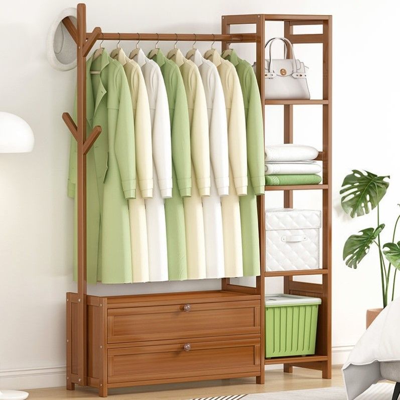 Contemporary Style Wardrobe Armoire Bamboo Armoire with Clothes Rail for Home