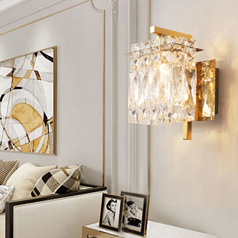 Crystal Rectangle Wall Light Modern 1/2/3 Lights Flush Mount Wall Sconce in Chrome/Gold Living Room