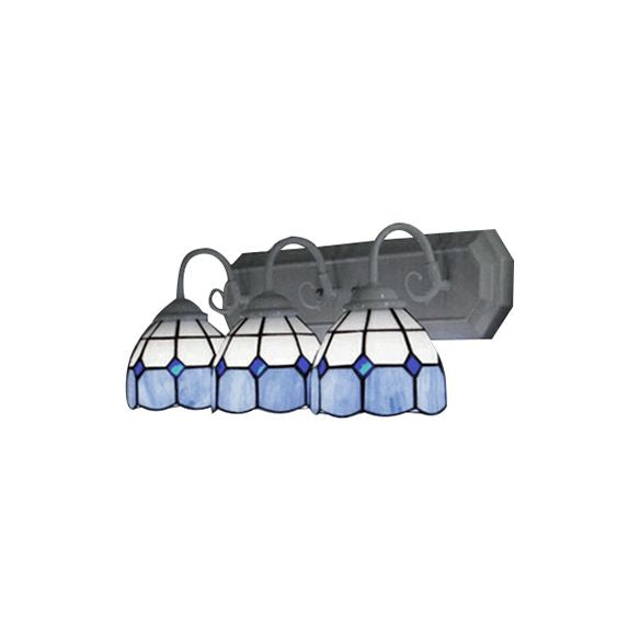 Grid Patterned Wall Light Fixture 3 Heads Blue-White Glass Tiffany Sconce Light for Living Room
