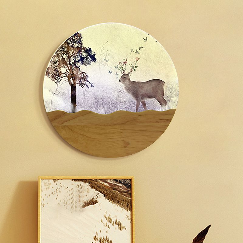 LED Bedside Wall Lighting Idea Minimalist Style Wood Elk Deer and Tree Patterned Mural Lamp with Round Metal Shade
