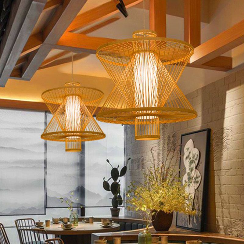 Sandglass Shaped Down Lighting Asian Bamboo 1 Bulb Dining Room Pendant Light in Wood