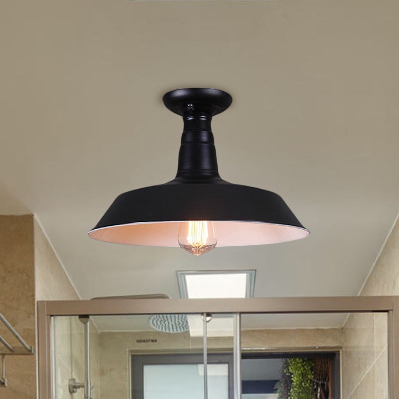 10"/14" Dia 1 Bulb Semi-Flush Mount Light Industrial Barn Shade Metallic Close to Ceiling Light in Black