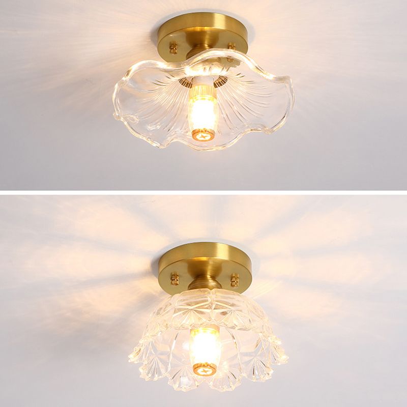 Small Foyer Ceiling Mounted Lamp Textured Glass 1-Bulb Minimalist Semi Flush Light in Brass